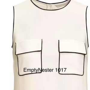 White Sleeveless Blouse Breast Pockets With Flap & Contrast Black Piping Trim